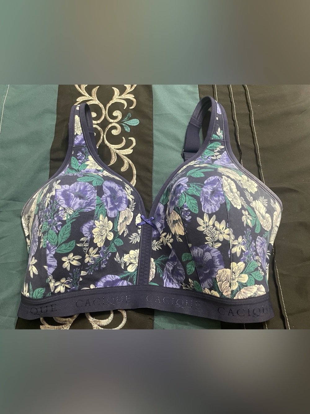 Cacique Navy Floral Full-Coverage Bra with blue and gray Flowers